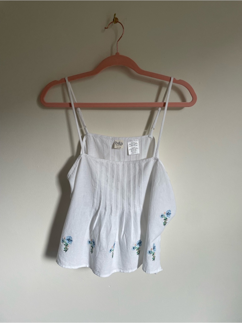 Bila White Cami Top with Blue Floral Embroidery